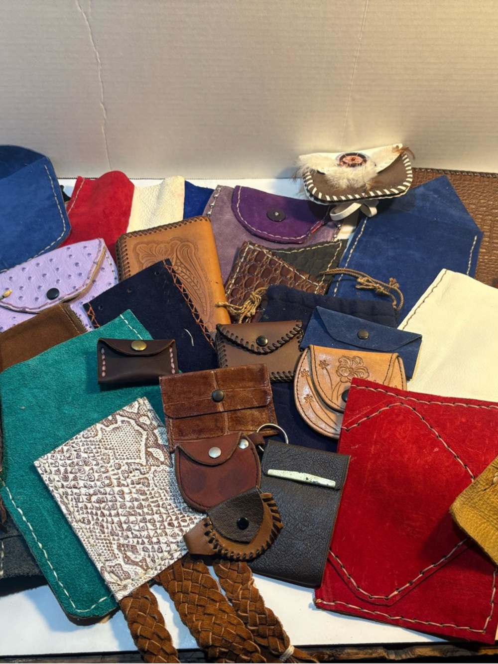 Leather lot coin purse, unfinished bags/wallets over 45 pieces vintage Navajo